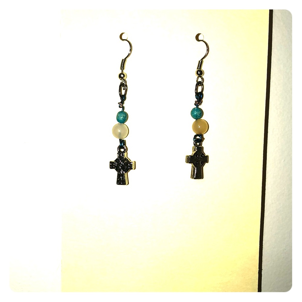 Handmade Cross earrings with opal and blue beads